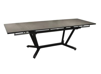 TABLE VITA 150/200/250X90cm haut 74cm chassis alu coloris GRIS, plateau en verre 5mm, 2 allonges 