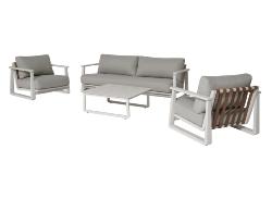 Set LEATHER chassis aluminium CREME composé d'un canapé 3 places 2 fauteuils et une table basse Océo