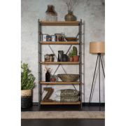 Etagère IRON structure en métal noir, 5 tablettes en bois laqué coloris naturel