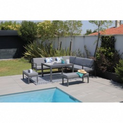 SET ROYAN II alu gris :  2 méridiennes + 1 angle + 2 bancs + 1 table 112X112X65 cm