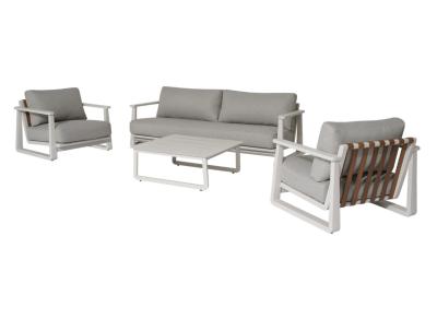Set LEATHER chassis aluminium CREME composé d'un canapé 3 places 2 fauteuils et une table basse Océo