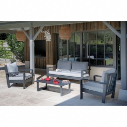 SET PATIRAS, alu GRAPHITE, tissus coloris GRIS PERLE : canapé + 2 Fauteuils + 1 table basse