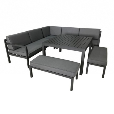 SET ROYAN II alu gris :  2 méridiennes + 1 angle + 2 bancs + 1 table 112X112X65 cm