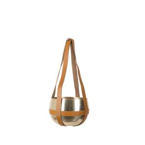 Suspension pour plante OASIS, aluminium plaqué laiton et cuir de buffle 21x47cm