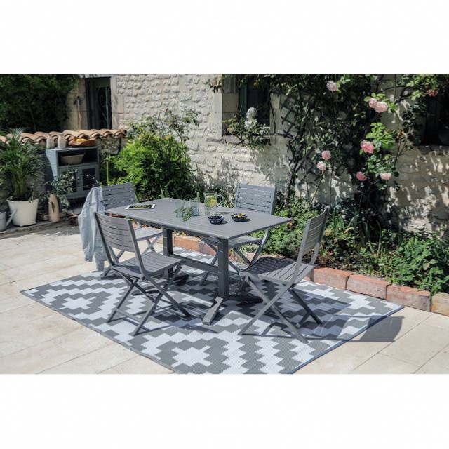 TABLE SOTTA 110/150, chassis aluminium epoxy coloris GRIS, plateau à lattes, allonge papillon . pied