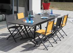 TABLE VITA 150/200/250X90cm haut 74cm chassis alu coloris GRIS, plateau en verre 5mm, 2 allonges 