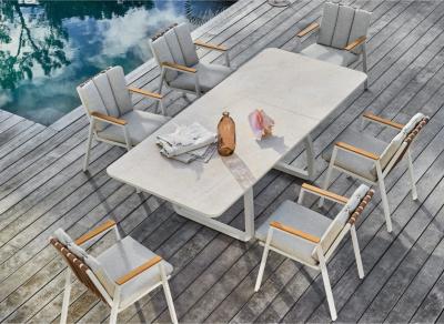 Fauteuil repas LEATHER, châssis alu crème, accoudoirs teck, coussin déhoussable