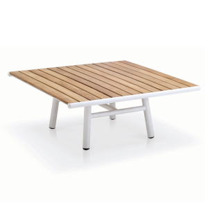 Table basse PILOTIS 100x100x40cm cadre alu blanc et lattes teck naturel 