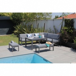 SET ROYAN II alu gris :  2 méridiennes + 1 angle + 2 bancs + 1 table 112X112X65 cm