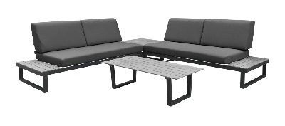 Salon d'angle  STATEN châssis alu epoxy noir et imitation bois , coussins polyester NOIR PROLOISIRS