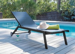 Lit de soleil chassis Alu epoxy et toile polyester FLORENCE Graphite/ Bleu - empilable - PROLOISIRS