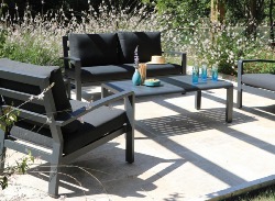 SET LOUNGE MATEO canapé 2 places et de 2 fauteuils, chassis en aluminium graphite, Proloisirs