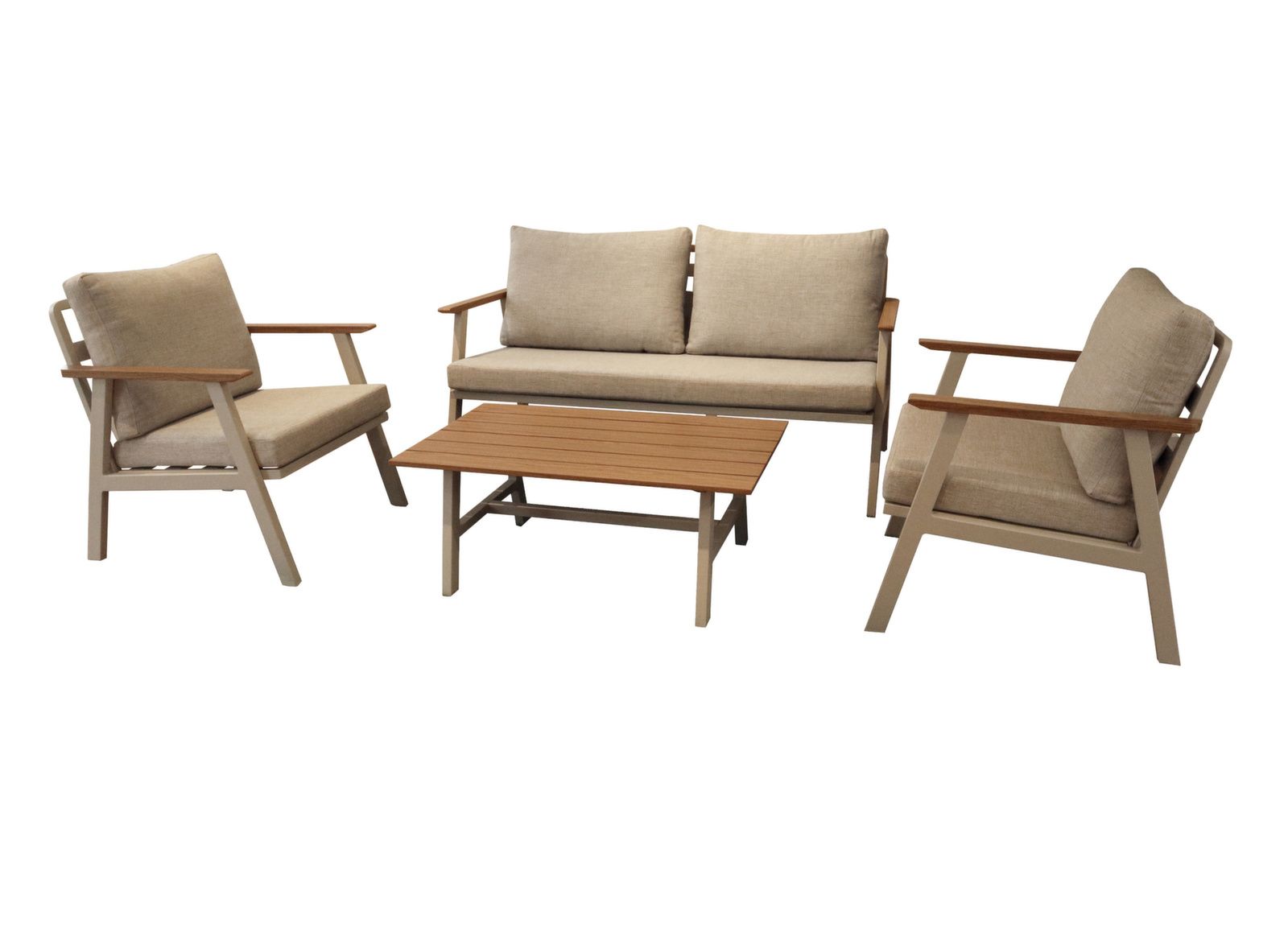 Set LOTUS Crème/Chêne, châssis aluminium époxy, Coussins déhoussables. Canapé : 160,5x81x77 cm - Tab