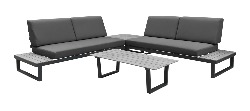 Salon d'angle  STATEN châssis alu epoxy noir et imitation bois , coussins polyester NOIR PROLOISIRS