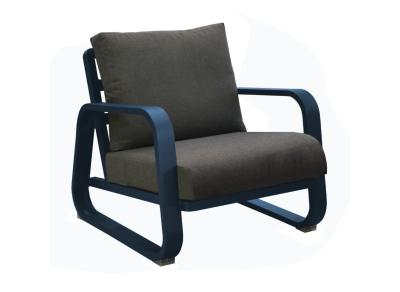 Fauteuil ANTONINO chassis alu epoxy BLEU, coussin en tissus acrylique gris et garniture fibre Océo