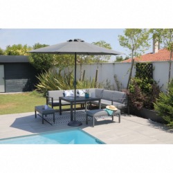 SET ROYAN II alu gris :  2 méridiennes + 1 angle + 2 bancs + 1 table 112X112X65 cm