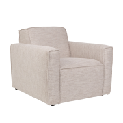 BOR, fauteuil confort et design en tissu couleur latte châssis en pin