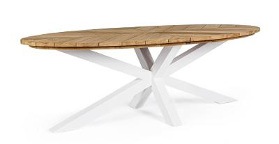 Table ovale PALMDALE Blanc, plateau bois Teck dim : L240 x P110 x H77 cm Andrea Bizzotto